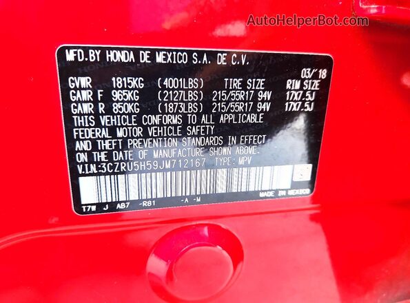 3CZRU5H59JM712167 2018 HONDA HR-V Red Панорамний вид салону 360°