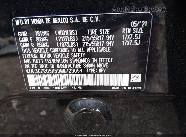 3CZRU5H59MM729054 2021 HONDA HR-V Black Widok komory silnika