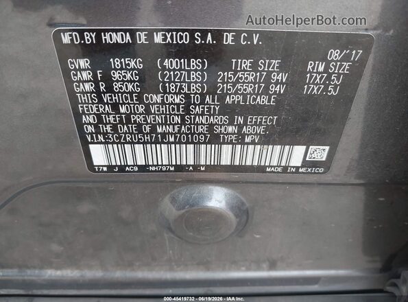 3CZRU5H71JM701097 2018 HONDA HR-V Gray Շարժիչի բաժամունքի տեսք