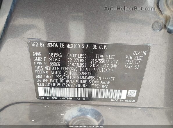 3CZRU5H72GM728088 2016 HONDA HR-V Gray ძრავის განყოფილების ხედი