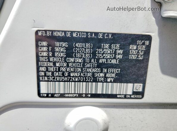 3CZRU5H72KM701322 2019 HONDA HR-V White 