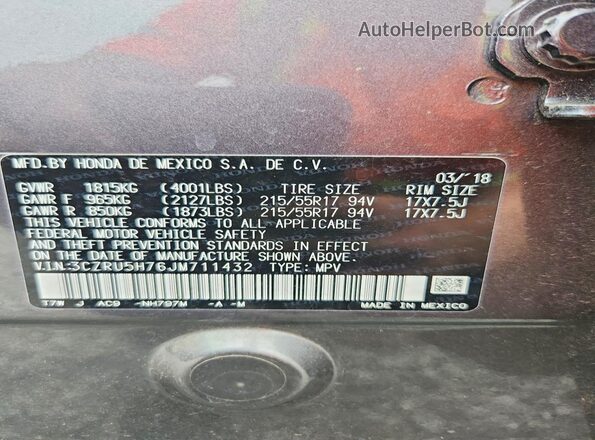 3CZRU5H76JM711432 2018 HONDA HR-V Charcoal VIN sticker view