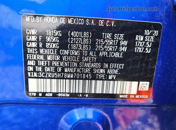 3CZRU5H78MM701845 2021 HONDA HR-V Синий Панорамный вид салона 360°