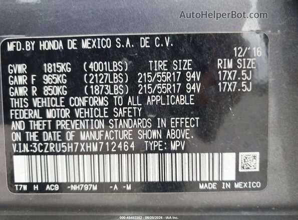 3CZRU5H7XHM712464 2017 HONDA HR-V Gray Widok komory silnika