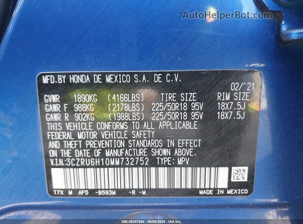 3CZRU6H10MM732752 2021 HONDA HR-V Синий Вид подкапотного пространства