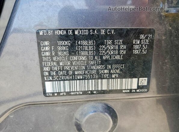 3CZRU6H10MM755139 2021 HONDA HR-V Gray VIN sticker view