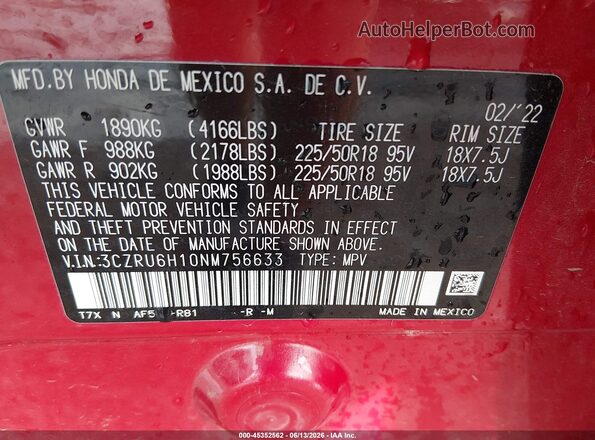 3CZRU6H10NM756633 2022 HONDA HR-V Red Vista del compartimento del motor