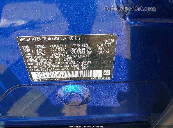 3CZRU6H11MM702451 2021 HONDA HR-V Blue ძრავის განყოფილების ხედი