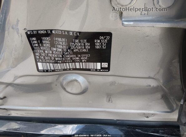 3CZRU6H11NM774994 2022 HONDA HR-V Silver Vista del compartimento del motor