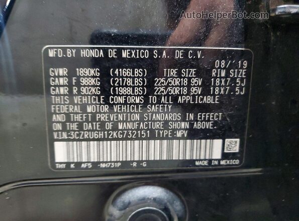 3CZRU6H12KG732151 2019 HONDA HR-V Черный 