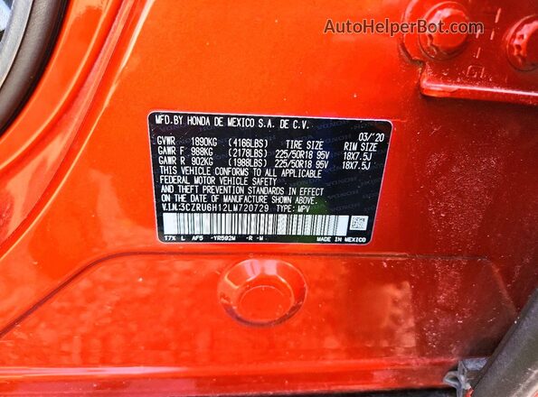 3CZRU6H12LM720729 2020 HONDA HR-V Orange 