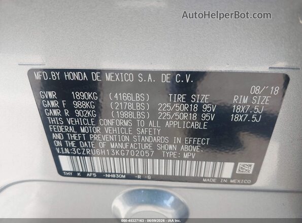 3CZRU6H13KG702057 2019 HONDA HR-V Silver Vista del compartimento del motor