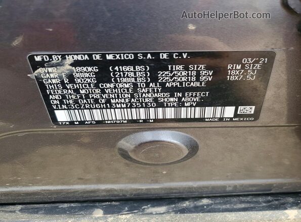 3CZRU6H13MM735130 2021 HONDA HR-V Серый Панорамный вид салона 360°