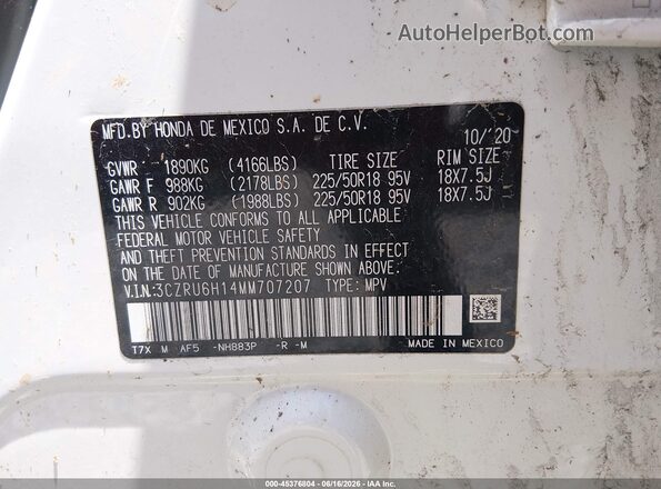 3CZRU6H14MM707207 2021 HONDA HR-V White Engine compartment view