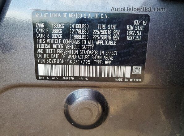 3CZRU6H15KG717725 2019 HONDA HR-V Gray Vista de la etiqueta del VIN