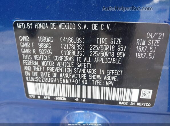 3CZRU6H15MM740149 2021 HONDA HR-V Blue Շարժիչի բաժամունքի տեսք