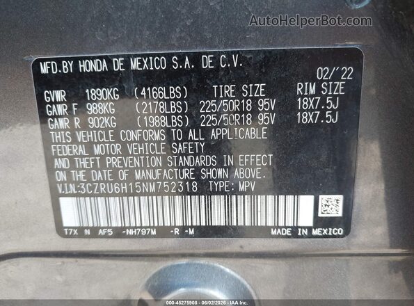 3CZRU6H15NM752318 2022 HONDA HR-V Gray Շարժիչի բաժամունքի տեսք
