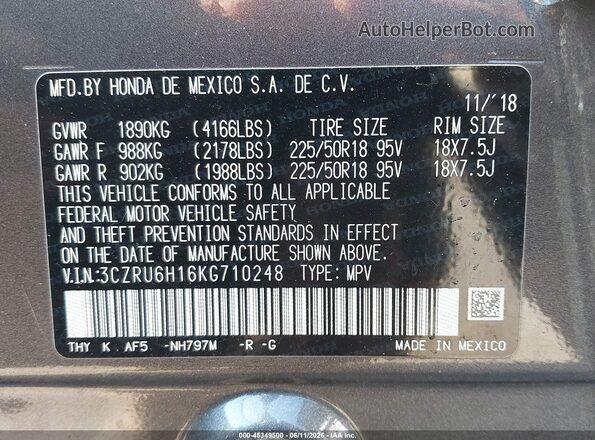 3CZRU6H16KG710248 2019 HONDA HR-V Gray Vista del compartimento del motor