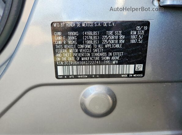 3CZRU6H16KG722741 2019 HONDA HR-V Silver Vista de la etiqueta del VIN