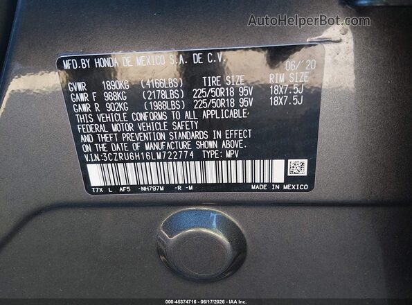 3CZRU6H16LM722774 2020 HONDA HR-V Gray Engine compartment view