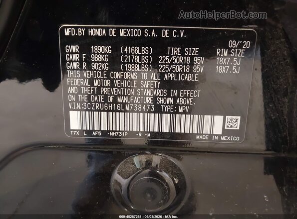 3CZRU6H16LM738473 2020 HONDA HR-V Black Widok komory silnika