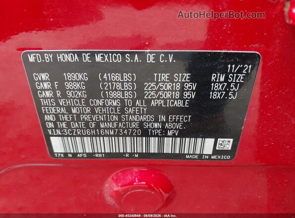 3CZRU6H16NM734720 2022 HONDA HR-V Red Widok komory silnika