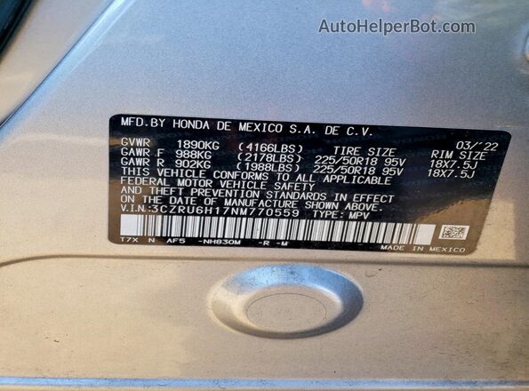 3CZRU6H17NM770559 2022 HONDA HR-V Silver ძრავის განყოფილების ხედი