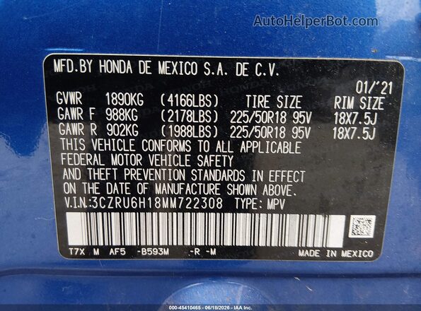 3CZRU6H18MM722308 2021 HONDA HR-V Blue Widok komory silnika
