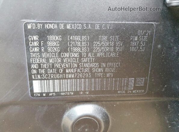 3CZRU6H18MM726293 2021 HONDA HR-V Gray 