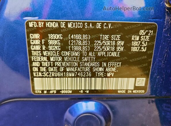 3CZRU6H18MM746236 2021 HONDA HR-V Blue Widok komory silnika