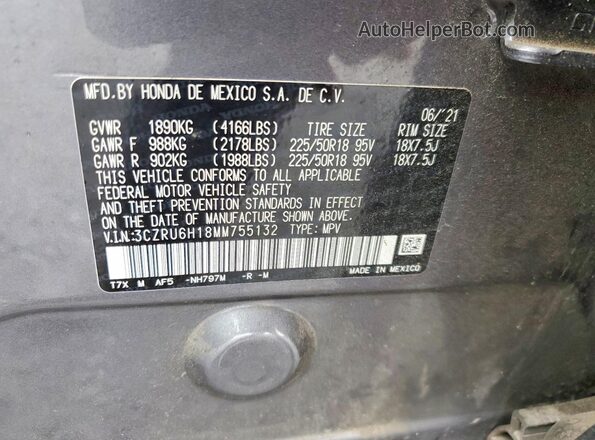 3CZRU6H18MM755132 2021 HONDA HR-V Gray VIN კოდის სტიკერის ხედი