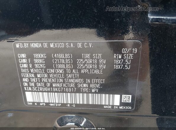 3CZRU6H19KG716917 2019 HONDA HR-V Black Շարժիչի բաժամունքի տեսք