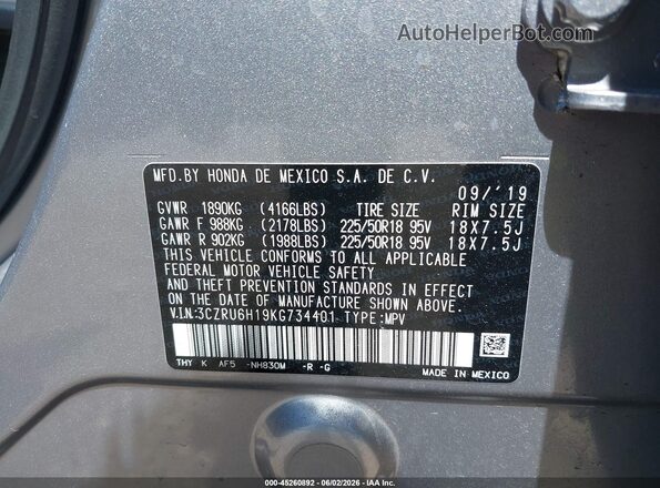 3CZRU6H19KG734401 2019 HONDA HR-V Silver Engine compartment view