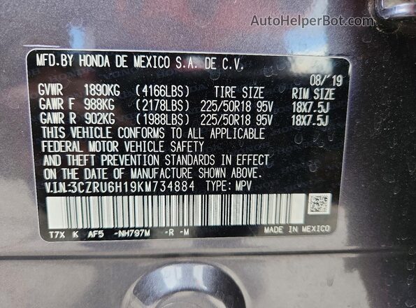 3CZRU6H19KM734884 2019 HONDA HR-V Charcoal VIN sticker view