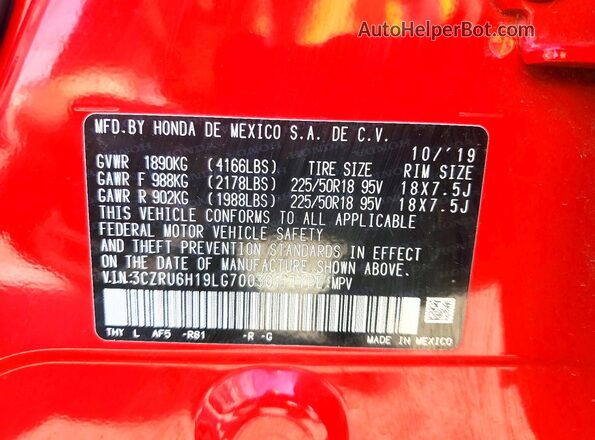 3CZRU6H19LG700301 2020 HONDA HR-V Red 