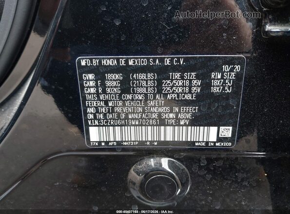 3CZRU6H19MM702861 2021 HONDA HR-V Black ძრავის განყოფილების ხედი