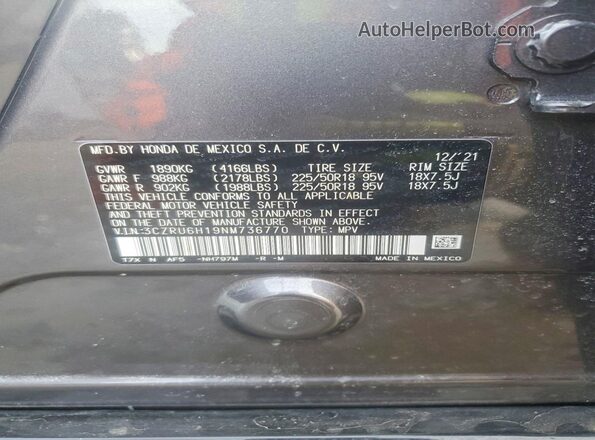 3CZRU6H19NM736770 2022 HONDA HR-V Gray 
