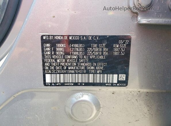 3CZRU6H19NM764018 2022 HONDA HR-V Silver Vista interior de 360 grados
