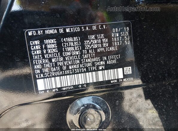 3CZRU6H1XKG730194 2019 HONDA HR-V Black Vista del compartimento del motor