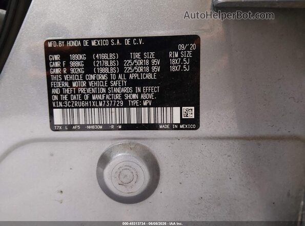 3CZRU6H1XLM737729 2020 HONDA HR-V Silver ძრავის განყოფილების ხედი