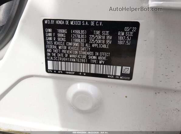 3CZRU6H1XNM762861 2022 HONDA HR-V White Вид підкапотного простору