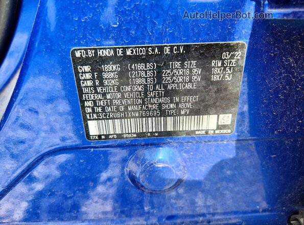 3CZRU6H1XNM769695 2022 HONDA HR-V Blue 