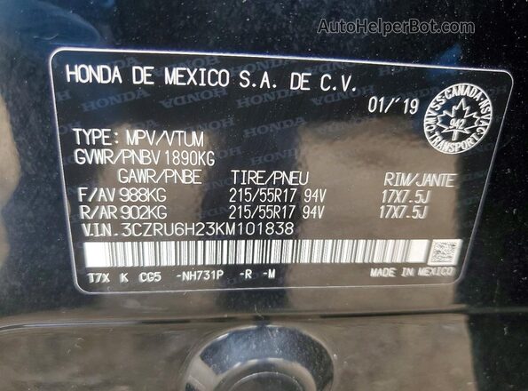 3CZRU6H23KM101838 2019 HONDA HR-V Black Vista interior de 360 grados