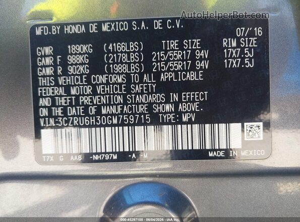 3CZRU6H30GM759715 2016 HONDA HR-V Gray Շարժիչի բաժամունքի տեսք