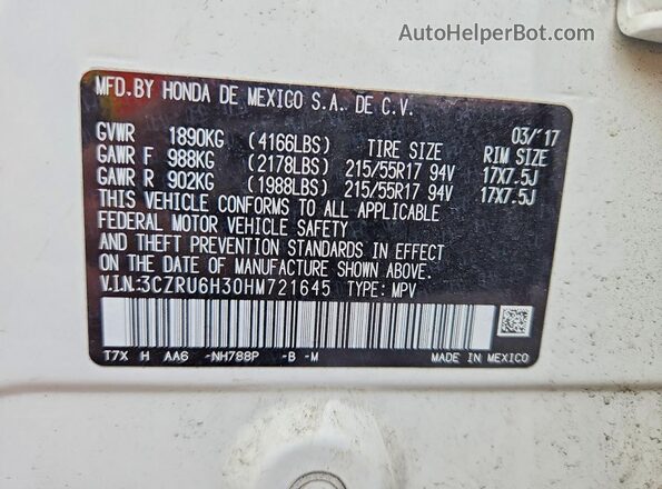 3CZRU6H30HM721645 2017 HONDA HR-V White 