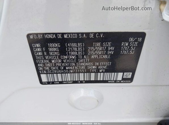 3CZRU6H30JM731551 2018 HONDA HR-V White Vista del compartimento del motor