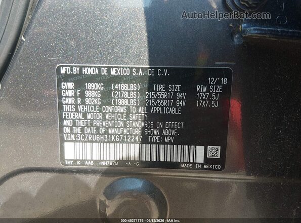 3CZRU6H31KG712247 2019 HONDA HR-V Gray Widok komory silnika