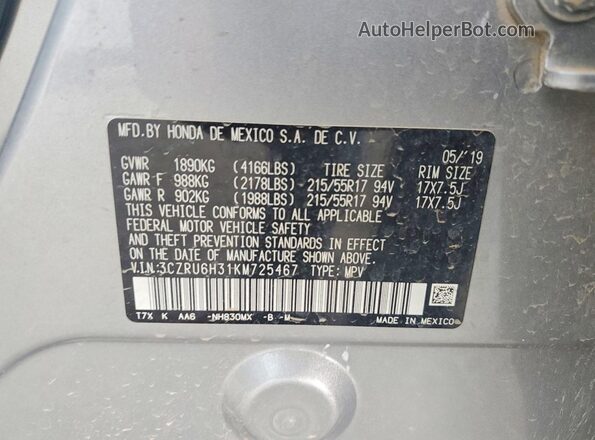 3CZRU6H31KM725467 2019 HONDA HR-V Silver VIN sticker view