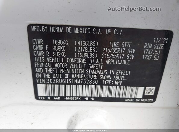 3CZRU6H31NM732830 2022 HONDA HR-V White Widok komory silnika