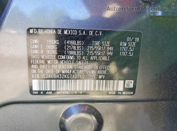 3CZRU6H32KG712760 2019 HONDA HR-V Gray VIN კოდის სტიკერის ხედი